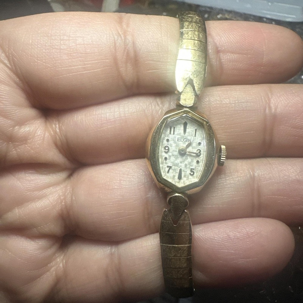 Working Vintage Elgin‎ Ladies Check-board Dial Watch 16mm Fit 6in" Manual Wind